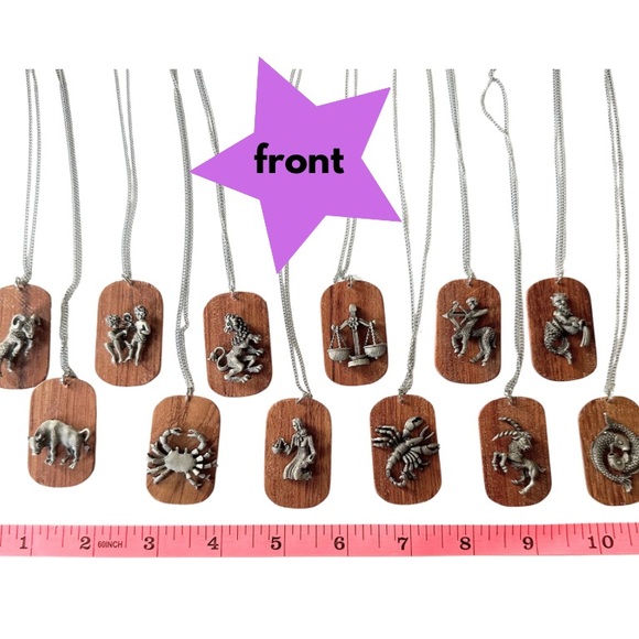 VTG 70s GEMINI Twins Astrological Sign Wood & Pewter Dog Tag 18” Chain Necklace - Picture 4 of 6